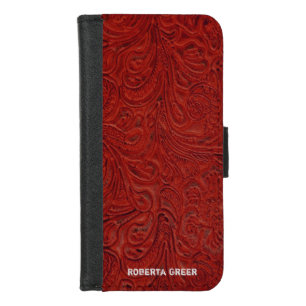 Red and Black Tooled Leather (faux) Personalized iPhone 8/7 Wallet Case