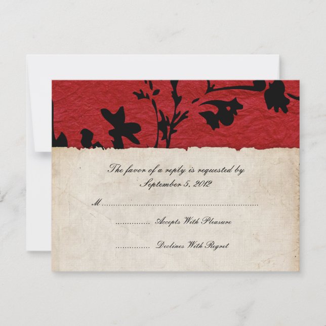 Red and Black Torn Paper Wedding RSVP Card (Front)