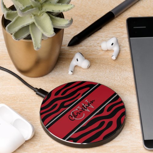 Red and Black Tribal Pattern Monogram Wireless Charger
