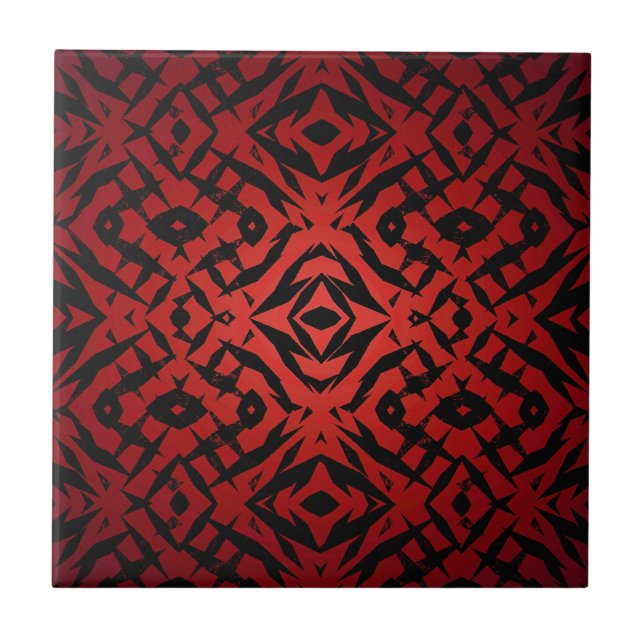 Red and black tribal shapes pattern ceramic tile (Front)