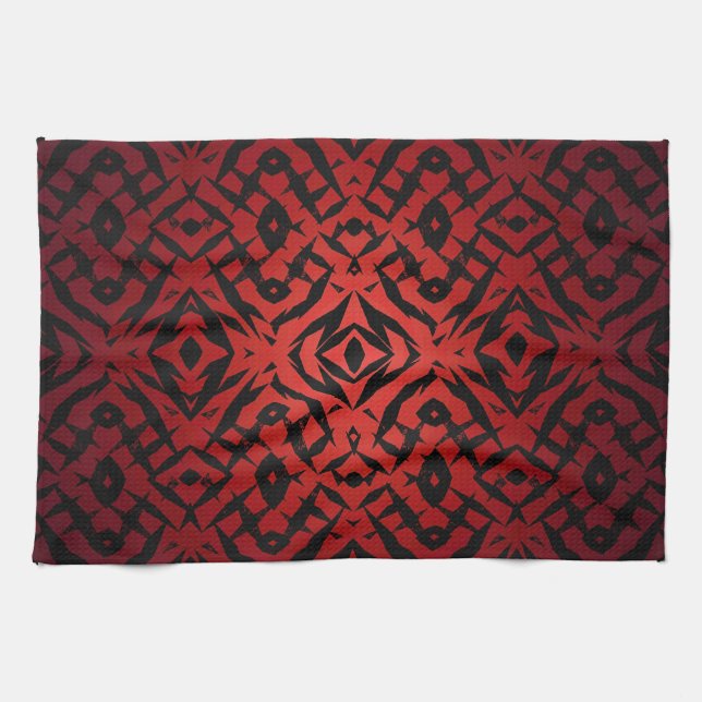 Red and black tribal shapes pattern kitchen towel (Horizontal)