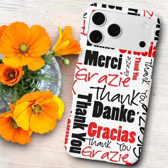 Red and Black Typography Multilingual Thank You Case-Mate iPhone Case (Red and black multilingual word cloud thank you iPhone case.)