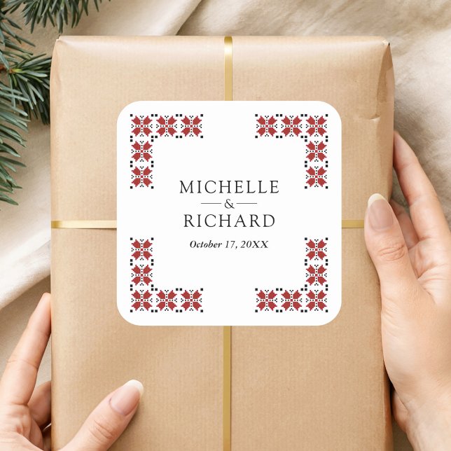 Red and Black Ukrainian Embroidery Wedding Square Sticker (Creator Uploaded)