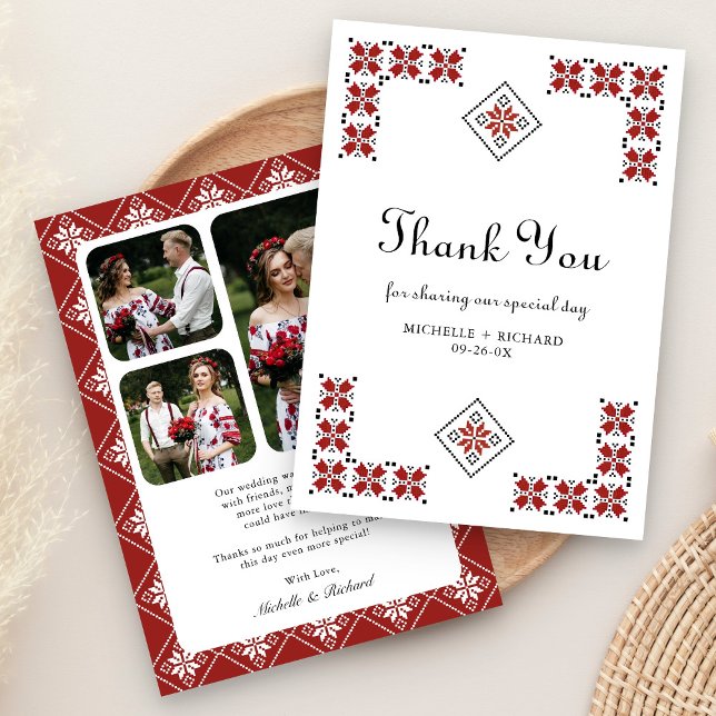 Red and Black Ukrainian Embroidery Wedding Thank You Card (Creator Uploaded)