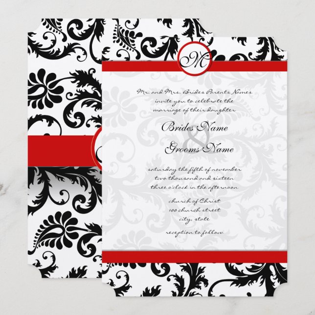 Red and Black Victorian Damask Wedding Invitation (Front/Back)