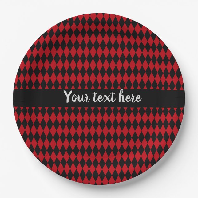 Red and Black Vintage Harlequin Paper Plates (Front)