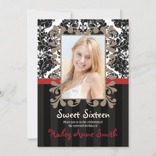 Red and Black Vintage Lace Damask Sweet Sixteen Invitation