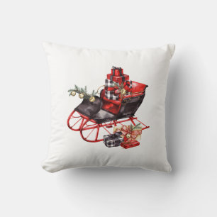 Red and Black Vintage Sleigh Packages Christmas Throw Pillow