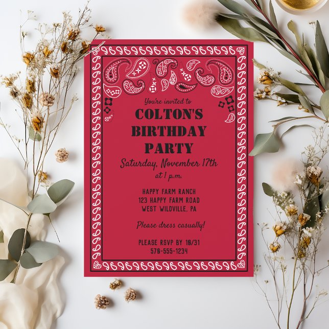 Red and Black Western Bandana Print Birthday Party Invitation (Creator Uploaded)