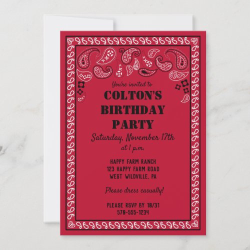Red and Black Western Bandana Print Birthday Party Invitation
