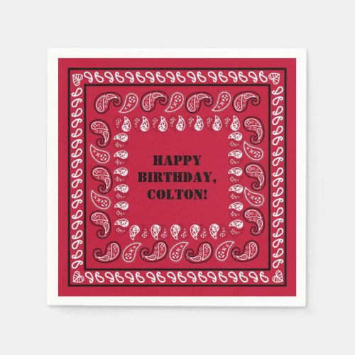 Red and Black Western Bandana Print Birthday Party Napkins