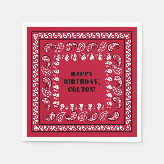 Red and Black Western Bandana Print Birthday Party Napkins (Front)