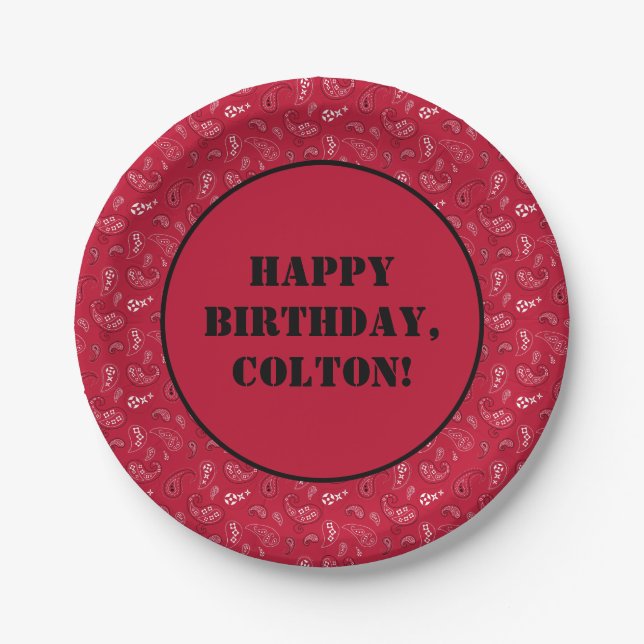 Red and Black Western Bandana Print Birthday Party Paper Plates (Front)