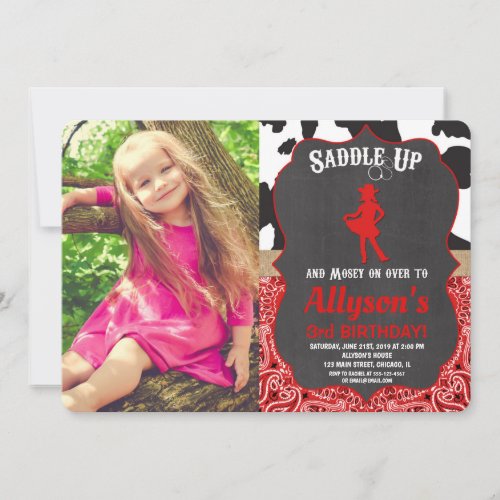 Red and black western cowgirl photo girl birthday invitation