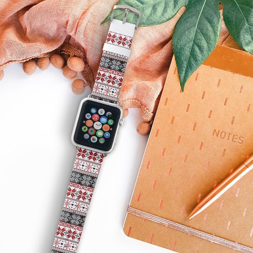 Red and Black Winter Fair Isle Pattern Apple Watch Band