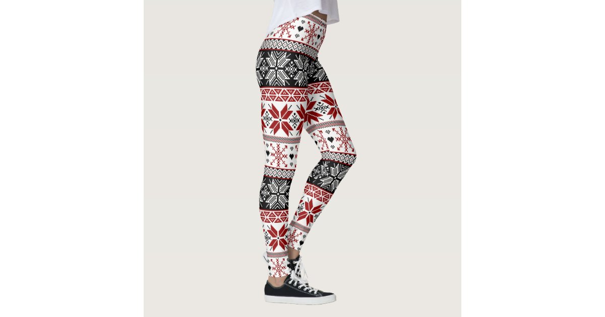 Red And Black Winter Fair Isle Pattern Leggings Zazzle Com