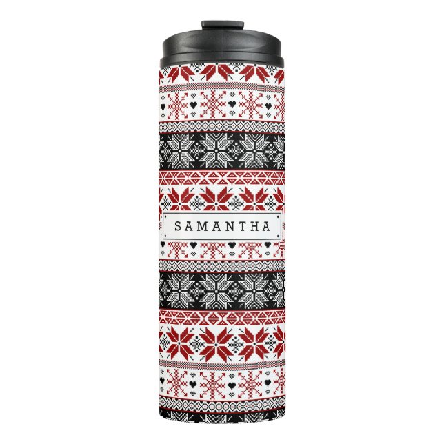 Red and Black Winter Fair Isle Pattern Thermal Tumbler (Front)
