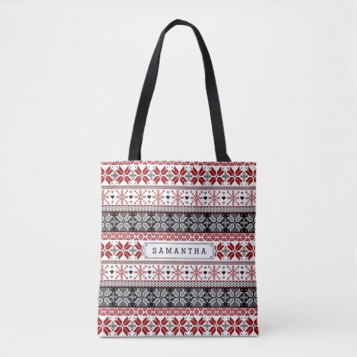 Red and Black Winter Fair Isle Pattern Tote Bag