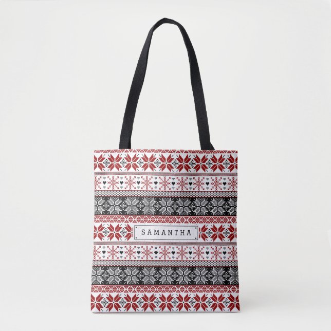 Red and Black Winter Fair Isle Pattern Tote Bag (Front)