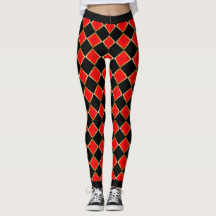 Red and Black with Faux Gold Outline Checkered Leggings