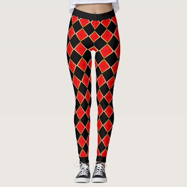 Red and Black with Faux Gold Outline Checkered Leggings (Front)