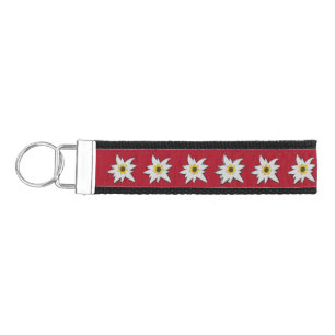 Red and Black with White Edelweiss Flowers Wrist Keychain