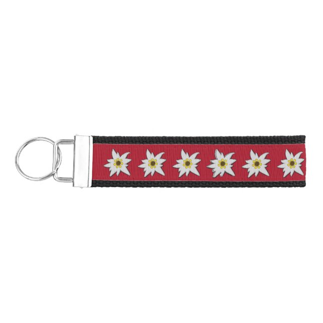 Red and Black with White Edelweiss Flowers Wrist Keychain (Keys on Left)