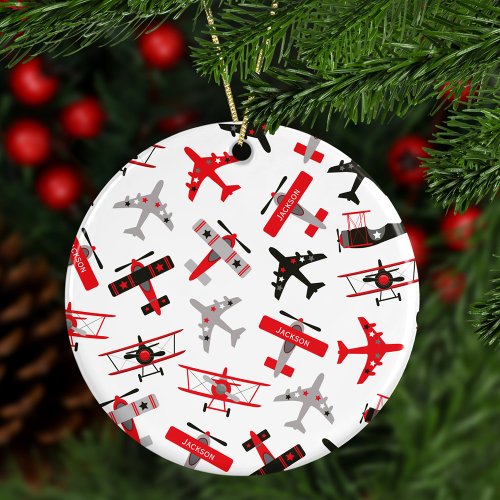 Red and Black WWII Military Airplane Christmas Ceramic Ornament
