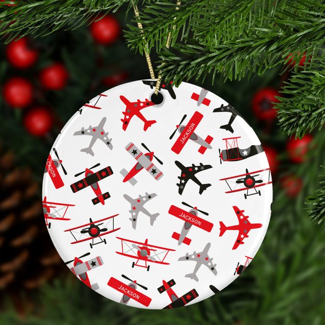 Red and Black WWII Military Airplane Christmas Ceramic Ornament (Creator Uploaded)