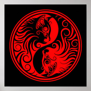 Red and Black Yin Yang Cats Poster