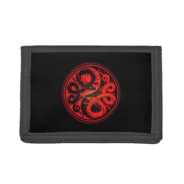 Red and Black Yin Yang Chinese Dragons Trifold Wallet (Front)