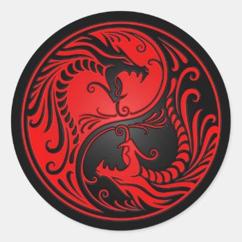 Red And Black Yin Yang Dragons Classic Round Sticker by UniqueYinYangs at Zazzle