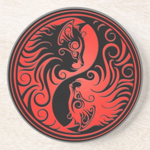 Red and Black Yin Yang Kittens Drink Coaster
