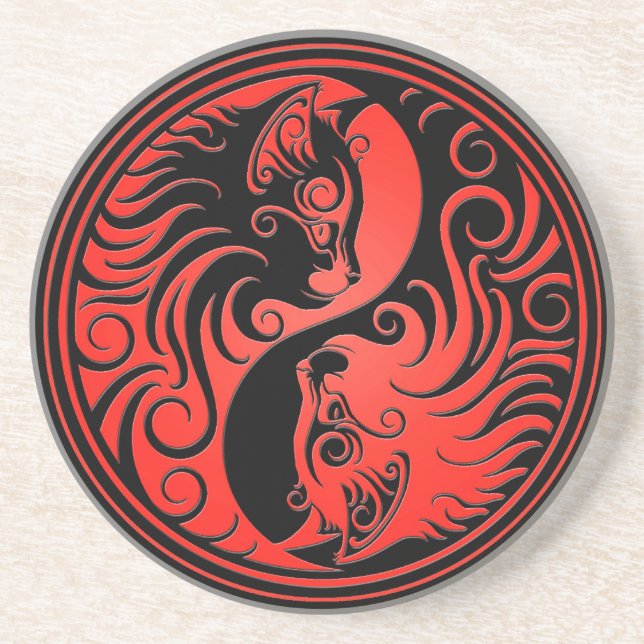 Red and Black Yin Yang Kittens Drink Coaster (Front)
