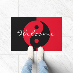 Red and black Yin Yang logo welcome doormat