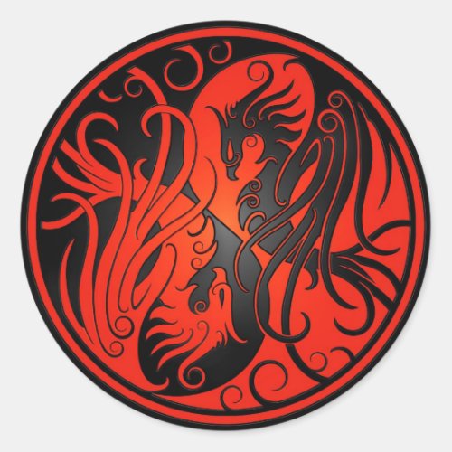 Red and Black Yin Yang Phoenix Classic Round Sticker