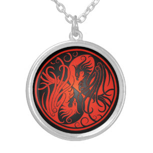 Red and Black Yin Yang Phoenix Silver Plated Necklace