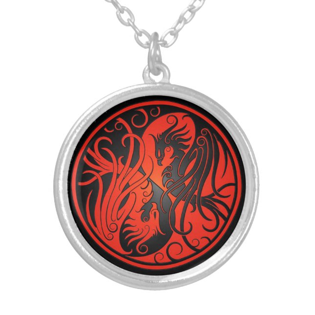 Red and Black Yin Yang Phoenix Silver Plated Necklace (Front)