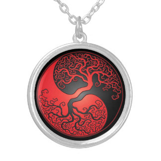 Red and Black Yin Yang Tree Silver Plated Necklace