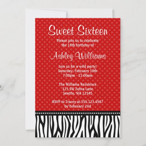 Red and Black Zebra Polka Dot Sweet 16 Invites