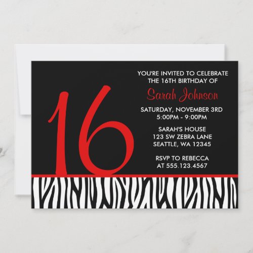 Red and Black Zebra Sweet 16 Number Birthday Announcement
