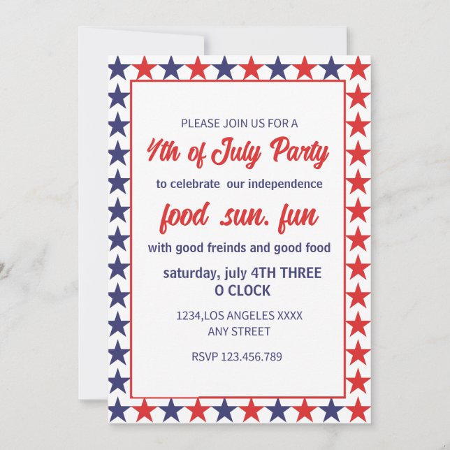Red And Bleu Stars 4th Of July  Invitation (Front)