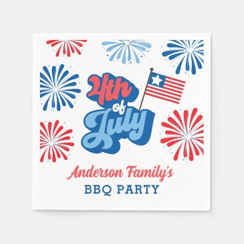 Red and Blue 4th of July Fireworks Retro BBQ Party Napkins