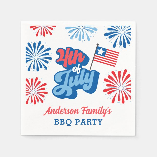 Red and Blue 4th of July Fireworks Retro BBQ Party Napkins (Front)