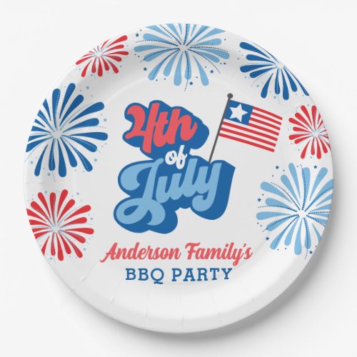 Red and Blue 4th of July Fireworks Retro BBQ Party Paper Plates