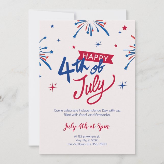 Red and Blue 4th of July Party Invitation (Front)