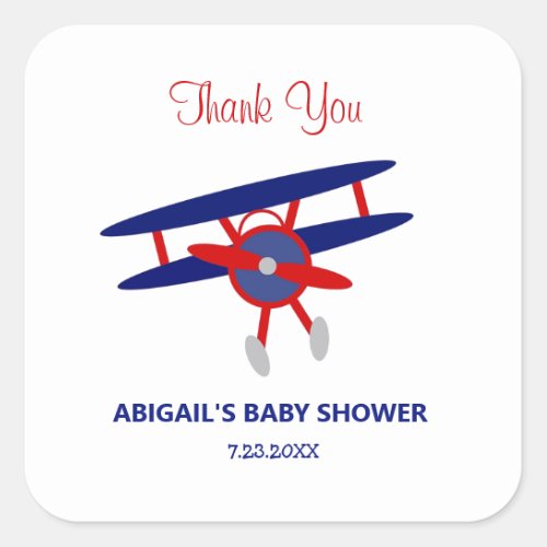 Red and Blue Airplane Baby Shower Square Sticker