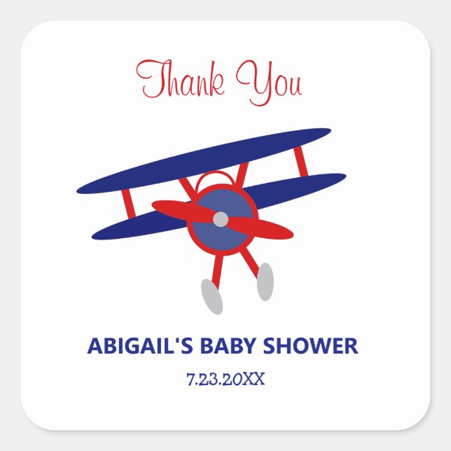 Red and Blue Airplane Baby Shower Square Sticker (Front)