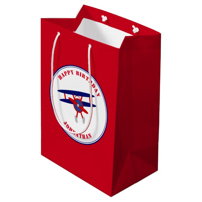 Red and Blue Airplanes Custom Birthday Boy Medium Gift Bag (Back Angled)