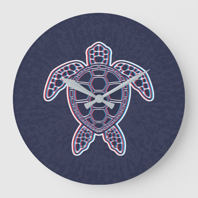 Red And Blue Anaglyph 3D Glitch Effect Sea Turtle Large Clock (Front)